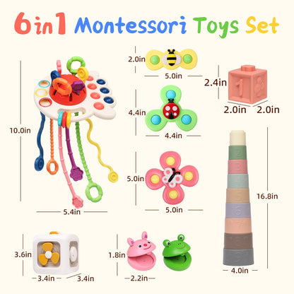 MTTIERY Baby Toys 6-12 Months, 6 in 1 Montessori Toys for Toddlers 1-3, Infant Sensory Pull String Toy, Fidget Spinners Soft Baby Blocks Stacking Cups, Baby Gifts for 1 Year Old