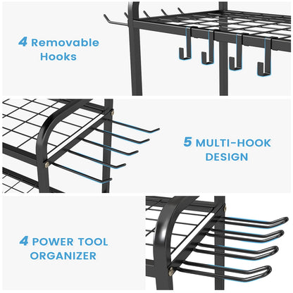 Hadulcet Garden Tool Organizer, Metal Garage Organization and Storage with Lockable Wheels, Garden Tool Rack with Storage Hooks, Heavy Duty Yard Tool Organizer for Garage, Shed, Lawn, Outdoor, Black