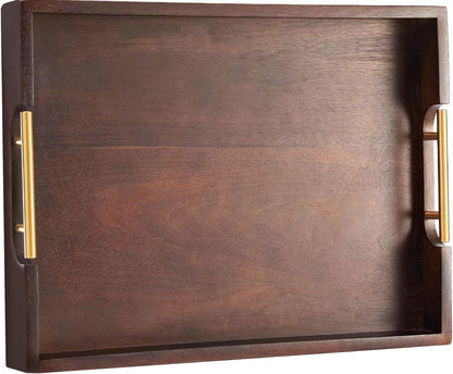 Joy&Grace Ottoman Tray for Living Room, Large Acacia Wooden Serving Tray with Handles for Coffee Table, Breakfast in Bed, Food Dinner, Decorative Tray (Sleek Brown, 16.7" x 12.8" x 2")