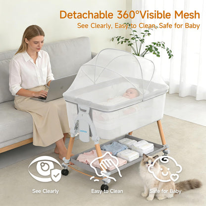 LookBaby Baby Bassinet, 4-in-1 Rocking Bassinet Beside Crib for Baby, One-Click Foldable Bedside Sleeper for Newborn, Travel Bassinet with 5 Heights, Soft Mattress and Hanging Toys for Infant