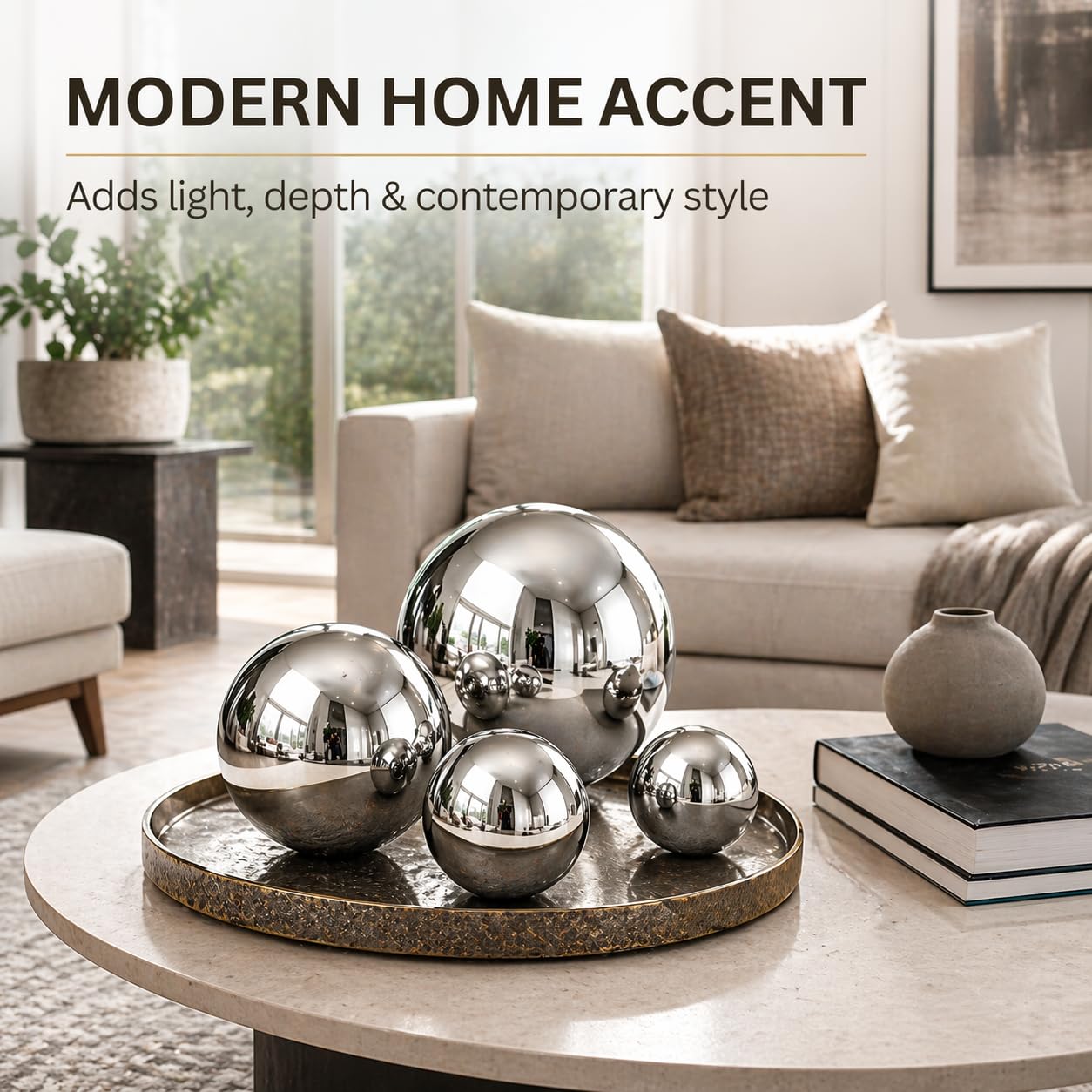 Nerien Gazing Ball, Stainless Steel Garden Mirror Globe, Polished Ornament Sphere, Hollow Floating Reflective Hemisphere, for Home Outdoor Pond Housewarming Swimming Pool Decoration, Silver, 5Pcs Mix