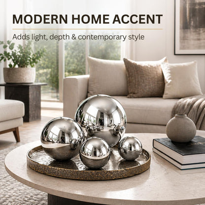 Nerien Gazing Ball, Stainless Steel Garden Mirror Globe, Polished Ornament Sphere, Hollow Floating Reflective Hemisphere, for Home Outdoor Pond Housewarming Swimming Pool Decoration, Silver, 5Pcs Mix