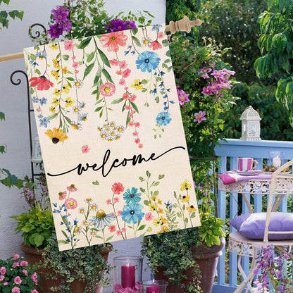 Baccessor Spring Summer Welcome Floral House Flag 28x40 Inch Double Sided Large Yard Flag Outside Outdoor Seasonal Burlap Flowers Flags Home Patio Decoration