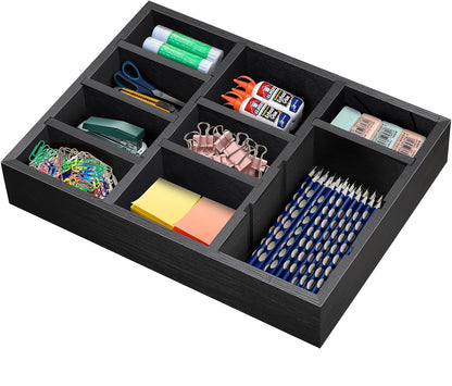 Wooden Desk Drawer Organizer, 9-Slot Office Organization and Storage Box, Adjustable Natural Wood Desktop Tray for Pens, Sticky Notes, and Small Accessories, Aesthetic Home Office Decor (12 x 9 In)