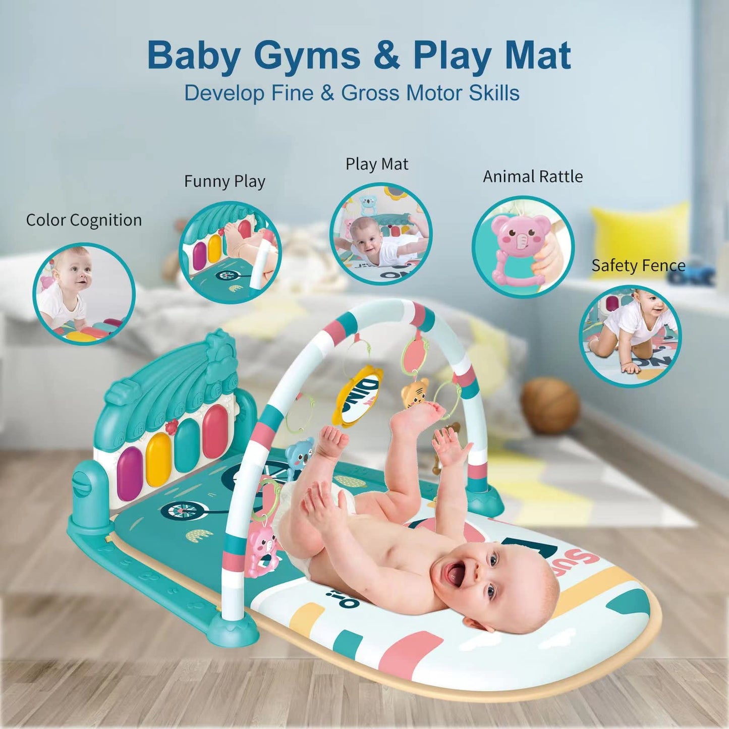 dearlomum Baby Play Mat & Piano Tummy Time Gym, Infant Sensory Activity Playmat with 5 Toys, Music & Lights, Developmental Gift for Boys & Girls 0-12 Months (Blue)
