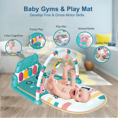 dearlomum Baby Play Mat & Piano Tummy Time Gym, Infant Sensory Activity Playmat with 5 Toys, Music & Lights, Developmental Gift for Boys & Girls 0-12 Months (Blue)