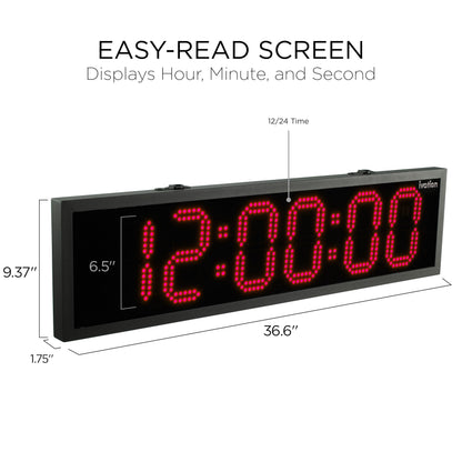 Ivation Oversized 36" Outdoor Waterproof Digital Clock, Auto Time Sync - LED Digital Clock with Large Multi Function Display - Stopwatch, Timer, Alarms, Temp & Date - Wall or Chain Mount (Red)