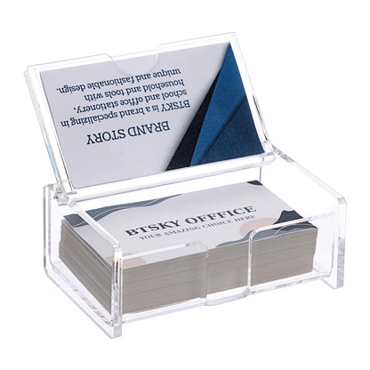 BTSKY Clear Acrylic Business Card Storage Box with Display Lid, Business Card Holder for Desk, Name Card Display Stand for Office Countertop, Business Card Storage Organizer Office Desk Accessories