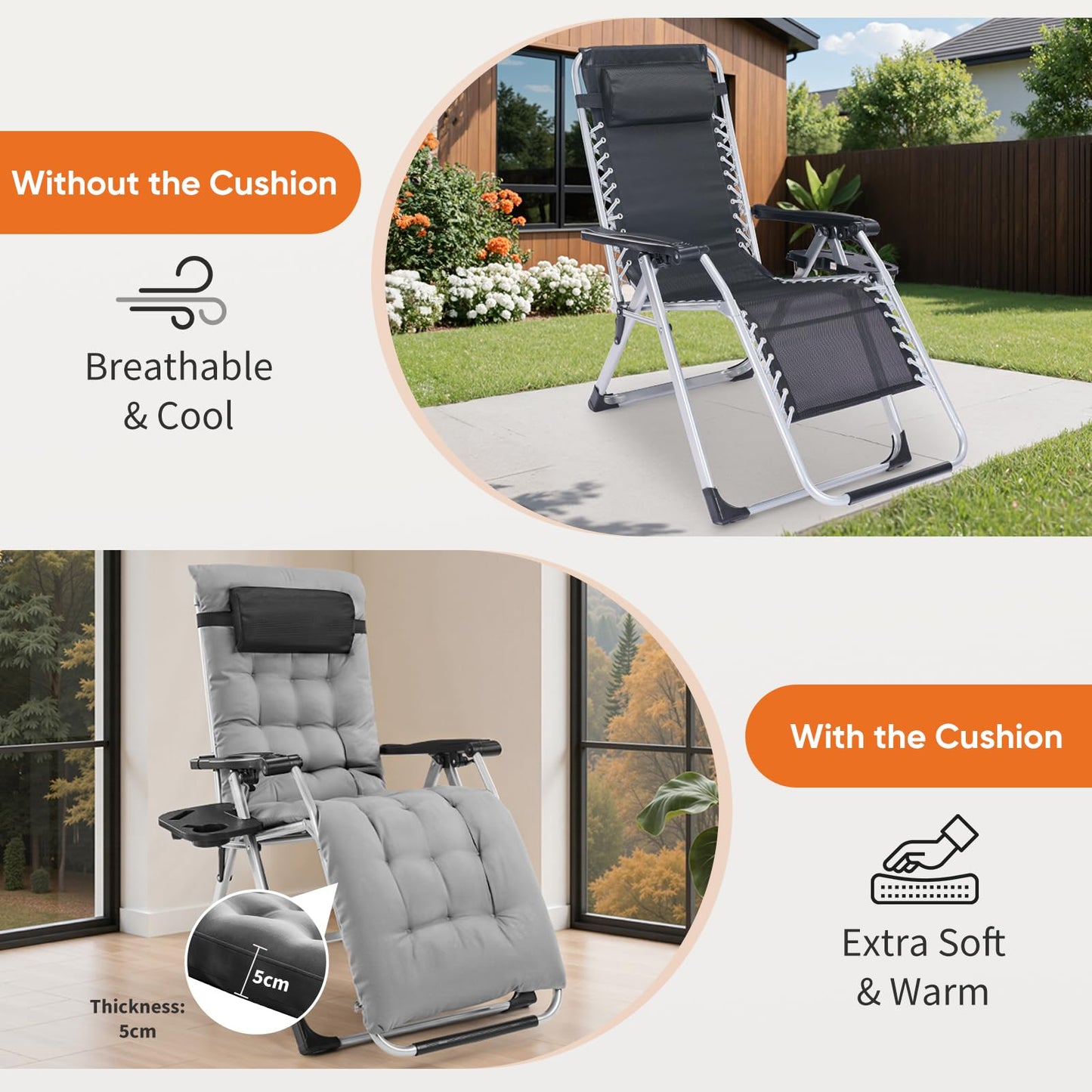 DUMOS Zero Gravity Chair, Reclining Camping Lounge Chair for Outdoor, Reclining Patio Chairs with Cup Holder Trays and Removable Cushion, Folding Recliner for Indoor, Grey