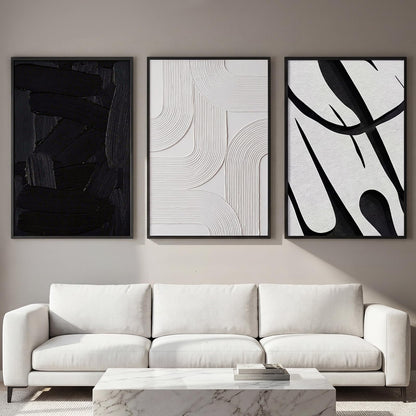 OurWarm 3D Large Framed Black and White Abstract Wall Art for Living Room, 3 Piece Big Minimalist Meutral Textured Modern Wall Art, Wall Pictures for Living Room Hallway Office Wall Decor 24x36 Inch