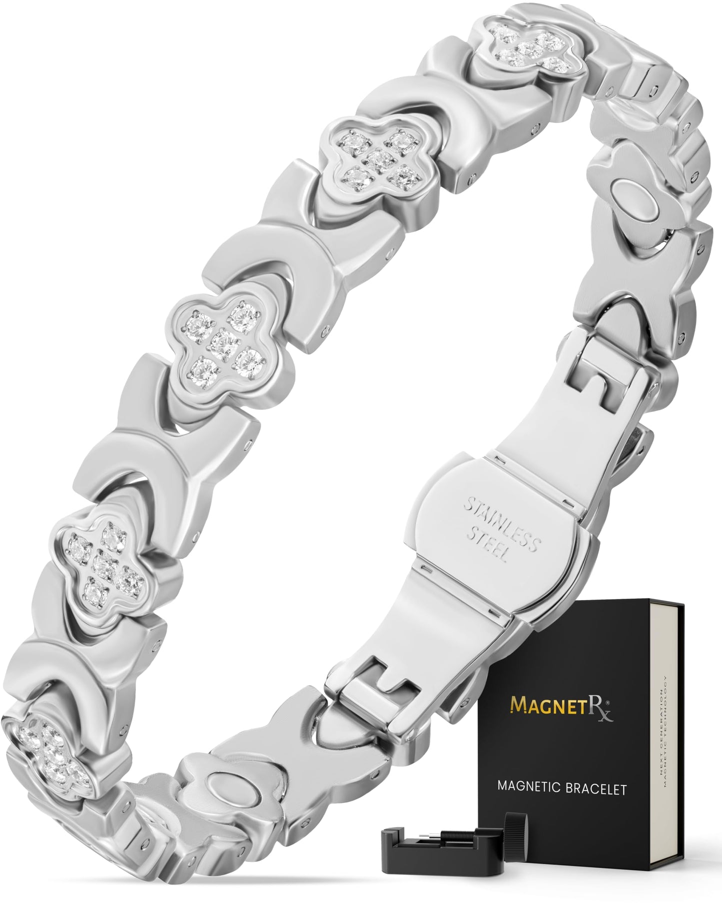 MagnetRX® Magnetic Bracelets for Women — Premium Four Leaf Clover Bracelet with Crystals and Ultra Strength Magnets — Adjustable Womens Magnetic Bracelet with Sizing Tool (Silver)