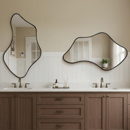 Fahomiss Asymmetrical Wall Mirror, Irregular Shaped Frameless Vanity Mirror, Modern Decorative Mirror for Entryway, Living Room, Bathroom (Black, 40" L x 24" W)