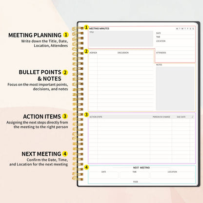 SUNEE Meeting Notebook for Work with Sticky Tabs - 160 Pages, A4 Size Project Planner, Spiral Meeting Agenda/Minutes Notebook Organizer for Women Men, Note Taking, Office & Business, 8.5"x11", Black