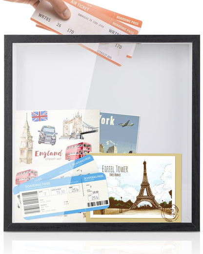 Adventure Archive Box, 12 x 12 Inch Travel Box for Memories, Travel Shadow Box Frame with Slot, Adventure Box, Keepsake Display Case, Perfect for Travel Memento Display Case Travel Decor Gift (Black)