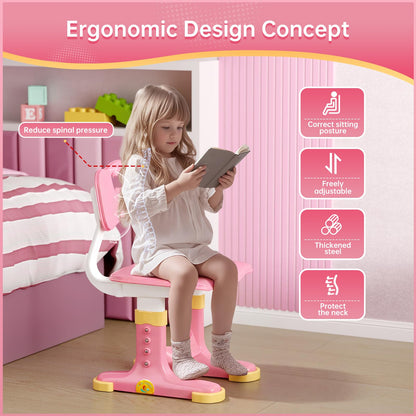 Xaperexi Kids Desk and Chair Set, Height Adjustable Child's School Study Writing Tables, Kids Desk with Bookstand and Storage Drawer, Widened Desktop with Desktop for Boys and Girls (Pink-F)