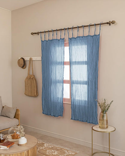 TARAN LIVING Sheer Crinkle Curtain Panel Set of 2, 100% Natural Washable Cotton Window Treatment Rod Pocket Curtain Panels for Kitchen, Bedroom and Living Room - Blue, Window - 42"x63"