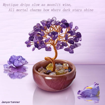 Janyortrenner Mini Amethyst Crystals Tree of Life,Mystical Energy Home Office Desk Decor,Handmade Crystal with Copper Wire and Crackle Glaze Base,Spiritual Gift