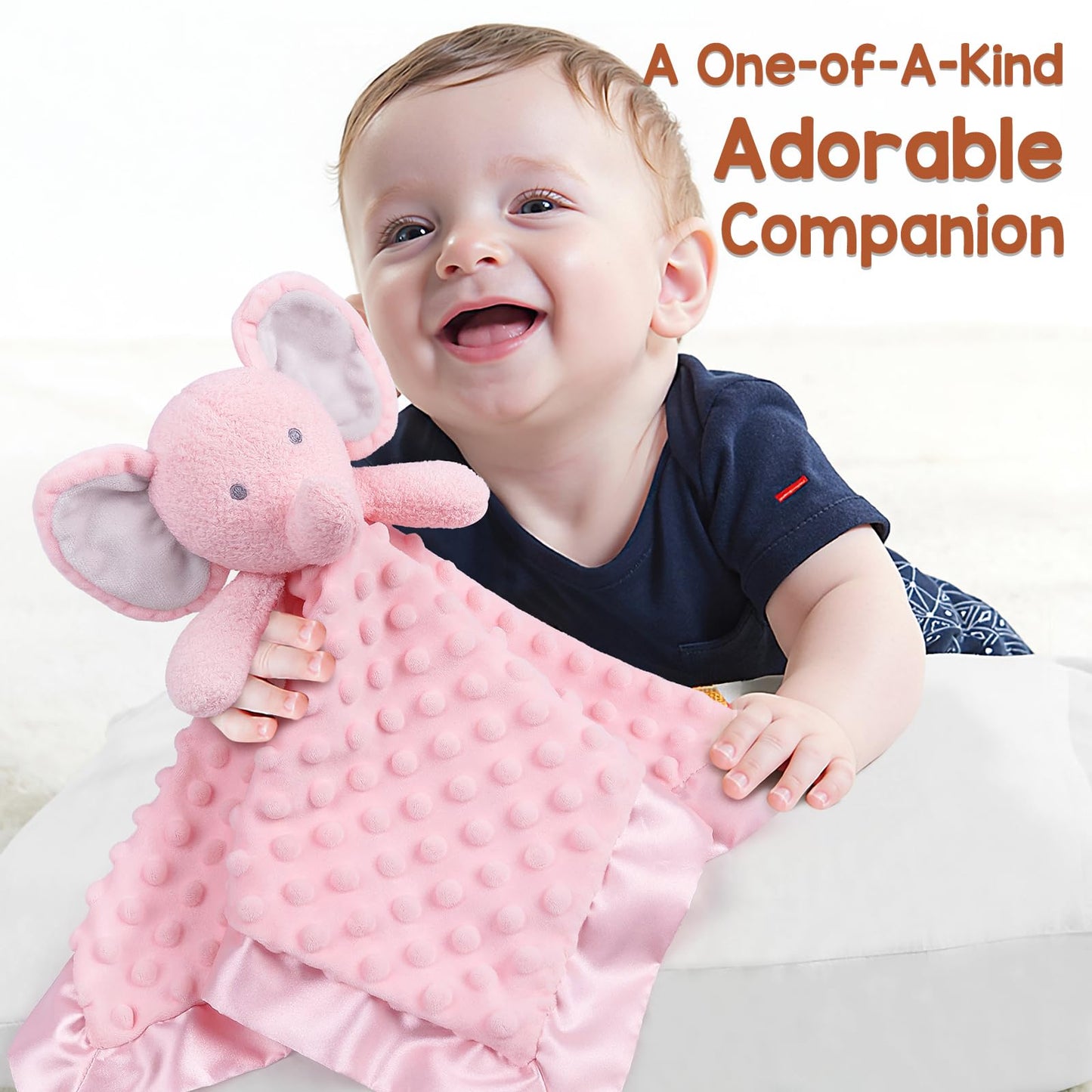 MOVEPAI Baby Security Blanket, Soft Baby Lovey Toy Blanket for Girls, Snuggle Toy Lovie Newborn Gift, Stuffed Animals Pink Elephant 16 Inch
