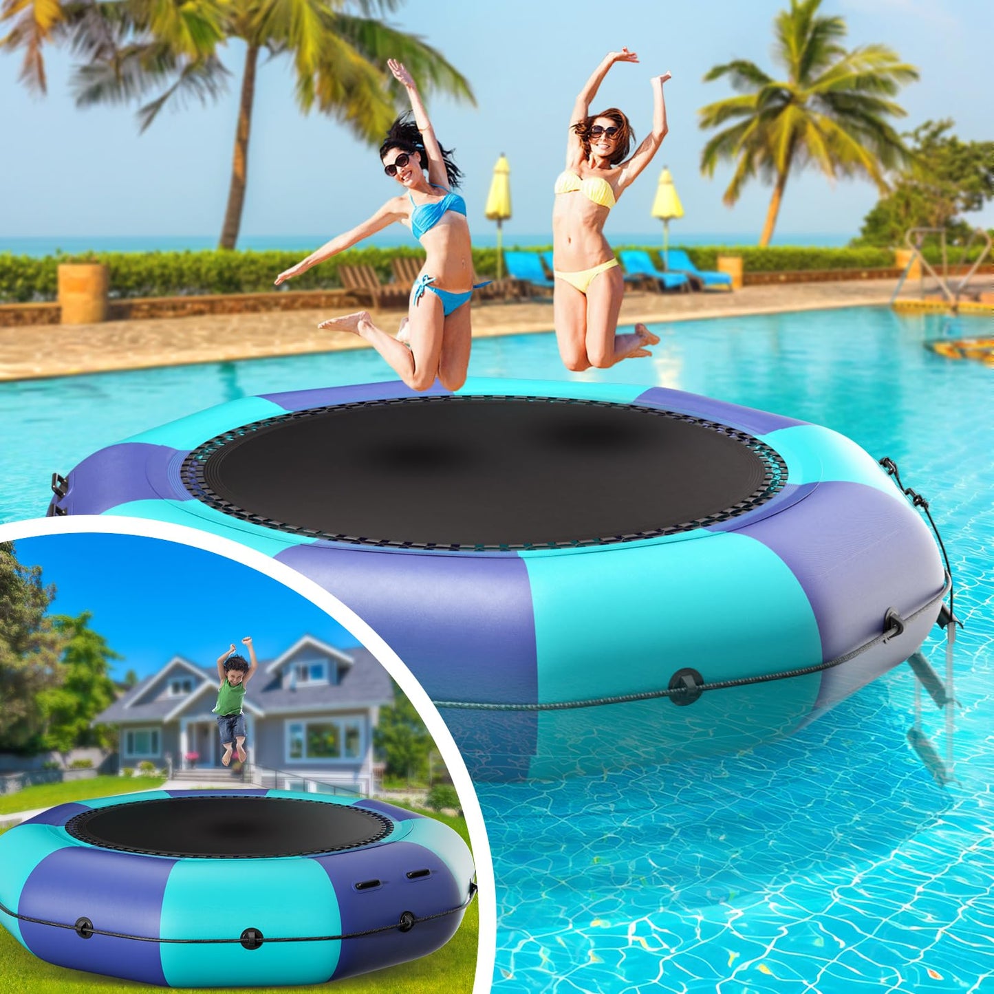 10FT Inflatable Water Trampoline, Recreational Water Bouncer, Adults Youth Floating Rebounder with 4-Step Ladder, Portable Bounce Swim Platform for Pool, Lake, Water Sports