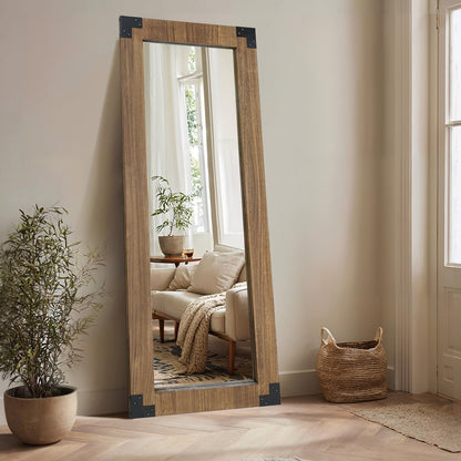 LXWZHK 65x24 Inch Full Length Mirror, Wooden Frame Full Body Standing Mirror with Metal Decorative, Light Walunt