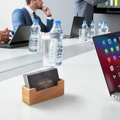 Bivvclaz 2 Pack Business Card Holder Desk, Acacia Wood Business Card Organizer Desktop Business Card Display Stand for Office Tabletop Exhibition, Small Business Essentials