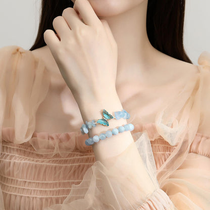 DUQGUHO 2PCS Aquamarine Bracelets Blue Bracelet for Women Natural Aquamarine Crystals Jewelry 8mm Butterfly Bracelet Gifts for Women