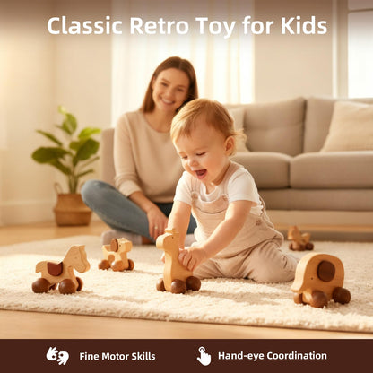 DadCarved Baby Push Car Montessori Toys, 4PCS Wooden Animal Toy Vehicles for Toddlers, Natural Wood Infant Car Toys (Puppy, Elephant, Pony, Giraffe) for Gift and Decor