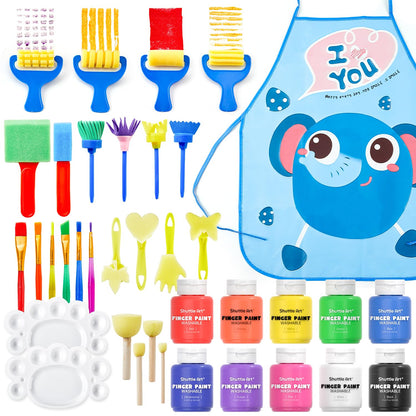 Shuttle Art Washable Finger Paint Set, 37 PCS with 10 Colors (2 fl oz) Non-Toxic Toddler Paint, Paint Brushes, Sponge, Smock, Toddler Art Supplies