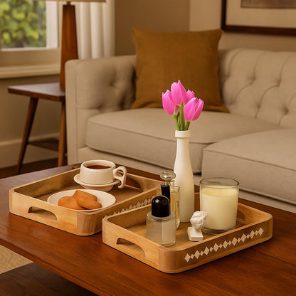 Mela Artisans Wooden Serving Tray Set of 2 with Handles | Mango Wood Decorative Trays | 15x10x1.75 & 13x9x1.75 | Ottoman Tray | Snacks | Desserts | Bread | Coffee Table | Bedroom | Rounded Edge