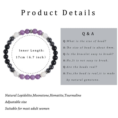 Gracayfr Anxiety Relief Bracelet New Beginnings Gifts Lepidolite Black Tourmaline Hematite Moonstone Emotional Healing Crystal Protection Items Jewelry For Women Lepi Moon
