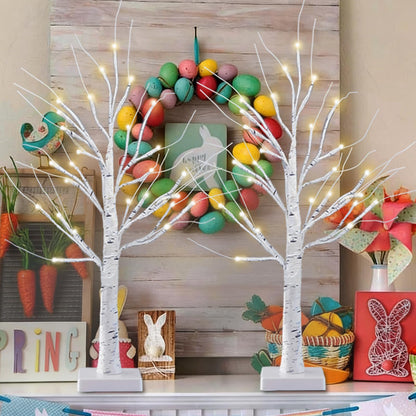 2-Pack 2FT Lighted Birch Tree with Timer for Easter Decorations Indoor, Artificial Birch Tree with 48 LED Warm White Lights, Fairy Light Tabletop Centerpiece Tree for Christmas Winter Deocrations