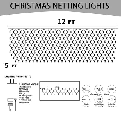 Dazzle Bright Christmas 360 LED Net Lights, 12FT x 5 FT Connectable Waterproof String Lights Clear Wire with 8 Modes, Christmas Decorations for Indoor Outdoor Xmas Party Yard Garden Decor (White)