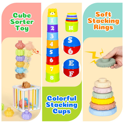 GJOF2YK 6 in 1 Montessori Toys for Babies Newborn Stacking Block Soft Infant Ring Shape Learning Sensory Bin Pull String Teething Toy Tissue Box for Toddlers 18M+ 2 3 Year Old Boy Girl Gift