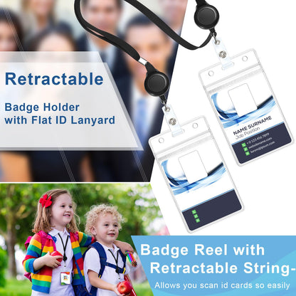 Marspark 200 Pcs Black Name Tag Lanyard with ID Holder Include Flat Lanyard with Retractable Badge Reel and Clear Vertical Card for Offices(Black,100 Set)