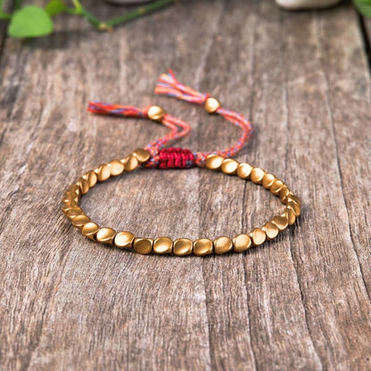 Buddha & Karma Tibetan Copper Beads Bracelet – Handmade Energy Healing for Strength, Balance & Protection – Adjustable Spiritual for Men & Women (GOLD)