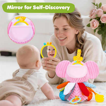 Baby Girl Toys 0-6 6-12 Months, Sensory Musical Toddler Toy for 3 4 5 6 7 8 9+ Months, Pink Elephant Plush Infant Toy with Teether, Crinkle, Rattle Baby Mirror for Tummy Time Newborn