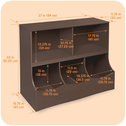 Badger Basket Multi-Bin Toy Storage Organizer and Bookshelf - Kids Cubby Shelf with 3 Bins, 2 Open Shelves, Top Display Surface - Wood Storage Unit for Playroom or Bedroom - Espresso