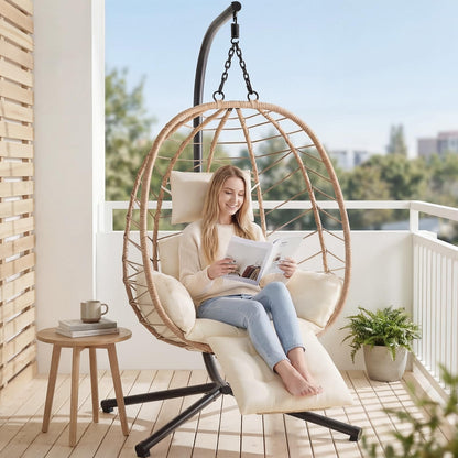 Wicker Egg Chair Outdoor, Hammock Chair with Footrest & Stand, Patio Swing with Cushion & Double Chains, Hanging Aluminum Alloy Steel Frame, 350LBS Capacity for Deck, Balcony, Beige