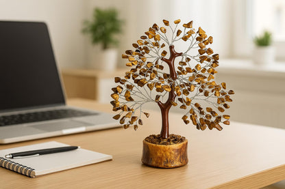 Crystal Tree of Life - tiger eye silver Healing Crystal for Home & Office Decor | Handmade Gemstone Money Tree for Positive Energy, Good Luck & Wealth | Spiritual Birthday Gift for Women & Mom