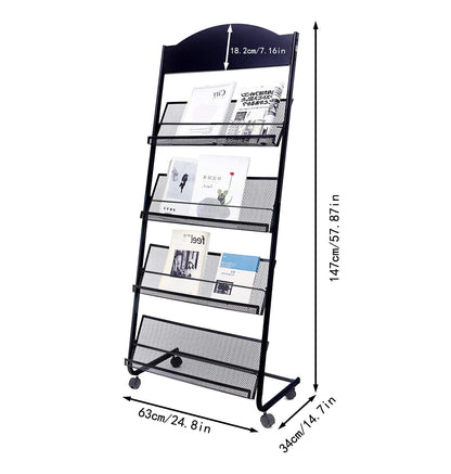 Vmsiuory Floor Standing Magazine Rack,The Wheels with Locking 4 Tier Document Display Rack for Exhibition Office Shopping Mall Waiting Room and Other Places （BLACK