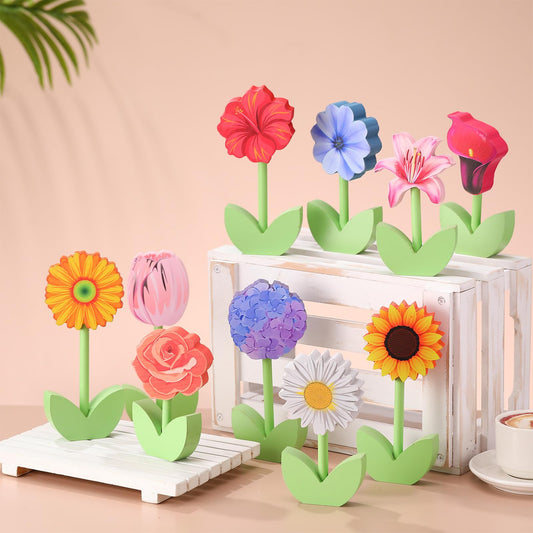 Yousoontic 10 Pack Spring Wooden Flower Table Decor Wood Tulips Daisies Centerpiece Signs Flower Shelf Sitter Floral Tiered Tray Decorations for Crafts Home Easter Office Decor Mother's Day Gifts