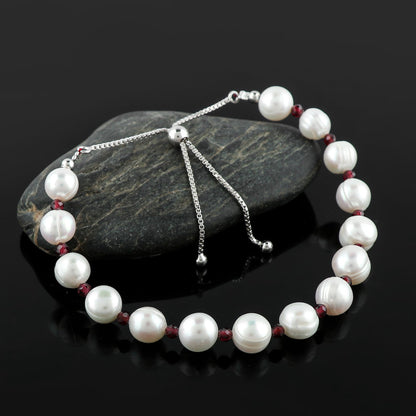 CRYSTALIS Natural Garnet And Freshwater Pearl Beaded Bracelet, Elegant Beads Crystal, Chakra Bracelet, Healing Bracelet, Gemstone Jewelry, Friendship Bracelet, 925 Sterling Silver Slider 10 inch