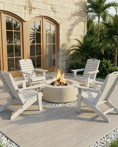 SUUNYN Folding Adirondack Chair with Retractable Ottoman, Weather Resistant Fire Pit Chair Patio Chair with 2 Cup Holder Lawn Outdoor Lounge Chair (White)