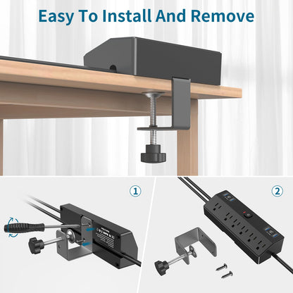 Desk Clamp Power Strip with 40W Fast Charging Station, JXGUCAT 10FT Flat Plug Desk Mount Power Strip Surge Protector, Removable Extension Cord with 2 USB-C Ports 6 Outlets, Fits 1.8" Tabletop Edge