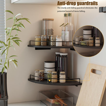 FNBAR Corner Floating Shelves, Rustic Brown Wood, Set of 2, Wall Mount Storage with Guardrail for Bathroom Kitchen Living Room (Black)