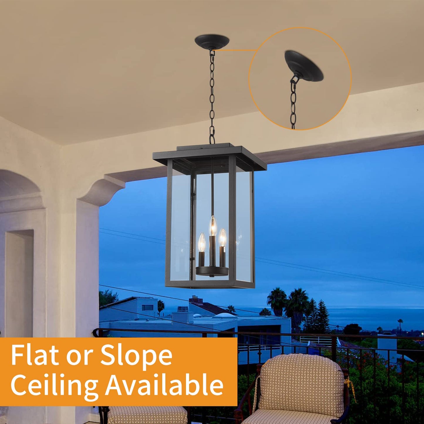 Smeike Outdoor Pendant Light Exterior Hanging Lantern, Large Outdoor Hanging Porch Light, Matte Black Finish with Clear Glass, 3 Light Outdoor Chandelier
