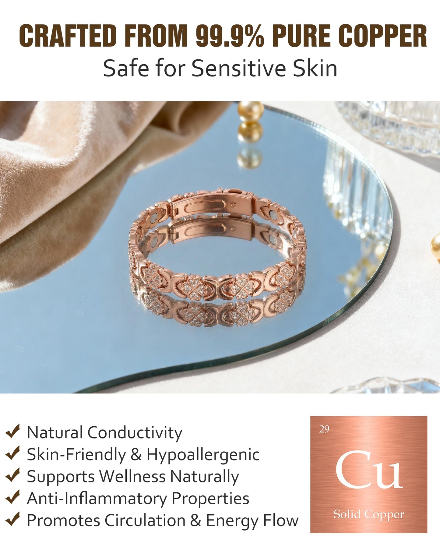 Jecanori Magnetic Copper Bracelet for Women With 3500 Gauss Magnets, Heart-Leaf Copper Bracelet, Premium Fold-Over Clasp,Rose Gold