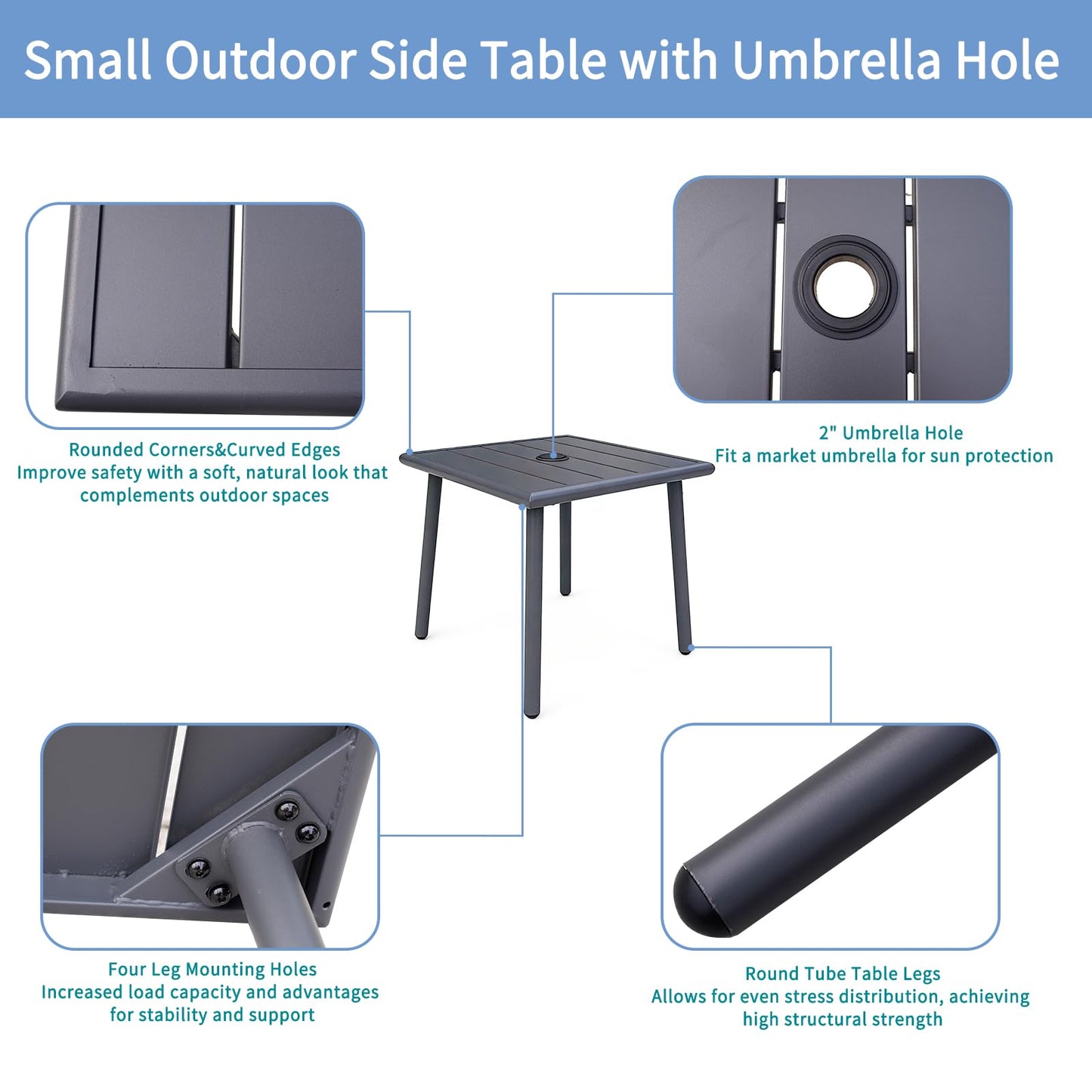 UFavo Home Small Metal Outdoor Side Table with Umbrella Hole Set of 2, Sqaure Patio Coffee Bistro Table End Table, Umbrella Table with Hole for Poolside Yard Porch Deck Balcony,19.7x19.7 inches, Gray