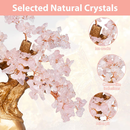 GEMBOURY Rose Quartz Crystal Money Tree on Gold Mini Elephant Statue, 10”Gemstone Bonsai Tree of Life Home Décor Gifts for Wealth Positive Energy, Feng Shui Décor