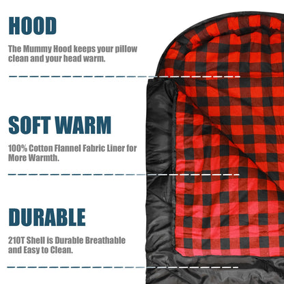 ShinHye 0 Degree Sleeping Bag for Adults - Cotton Flannel 4 Season Cold Weather Winter, XXL Big and Tall Camping Sleeping Bag with Compression Sack (Black1, 90"×35" Right Zip)
